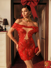 Off Shoulder Rhinestone Mini Dress In Red - View 7