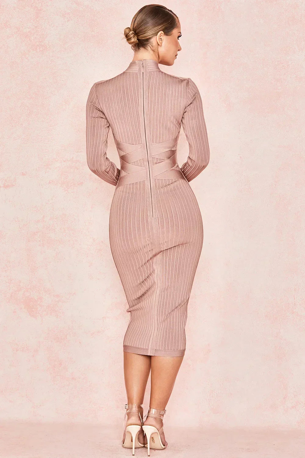 Bandage High Neck Long Sleeve Crossover Waist Bodycon Midi Dress