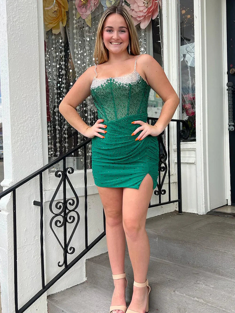 Royal Blue Bodycon Spaghetti Straps Short Beaded Homecoming Dress With Slit