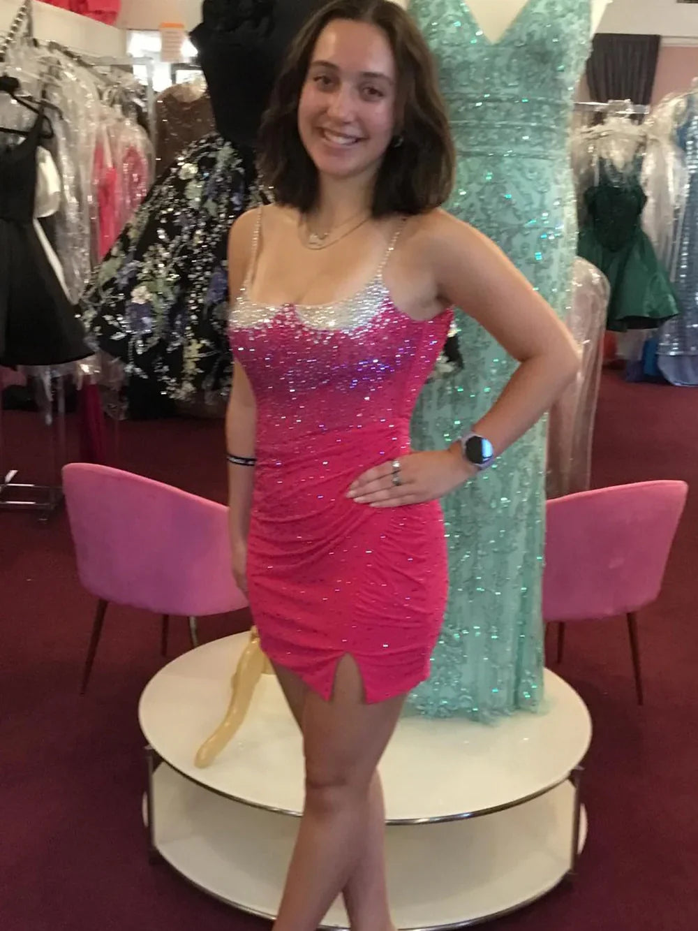 Royal Blue Bodycon Spaghetti Straps Short Beaded Homecoming Dress With Slit
