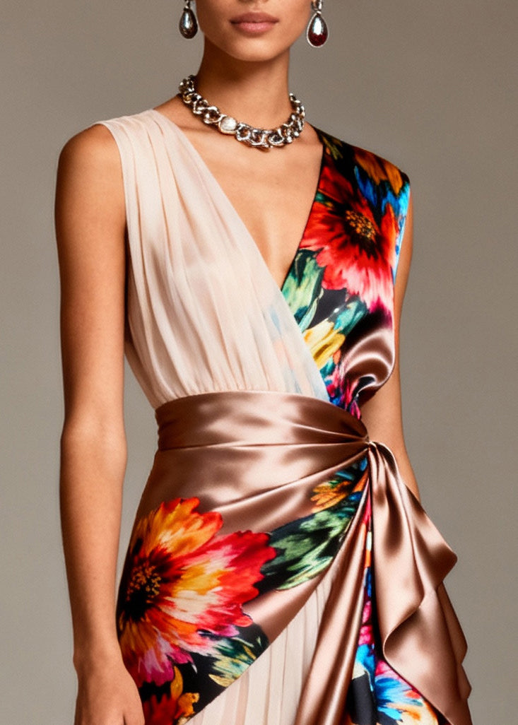 Floral Print Deep V-Neck Sleeveless Pleated Panel Wrap Waist High Low Party Dress