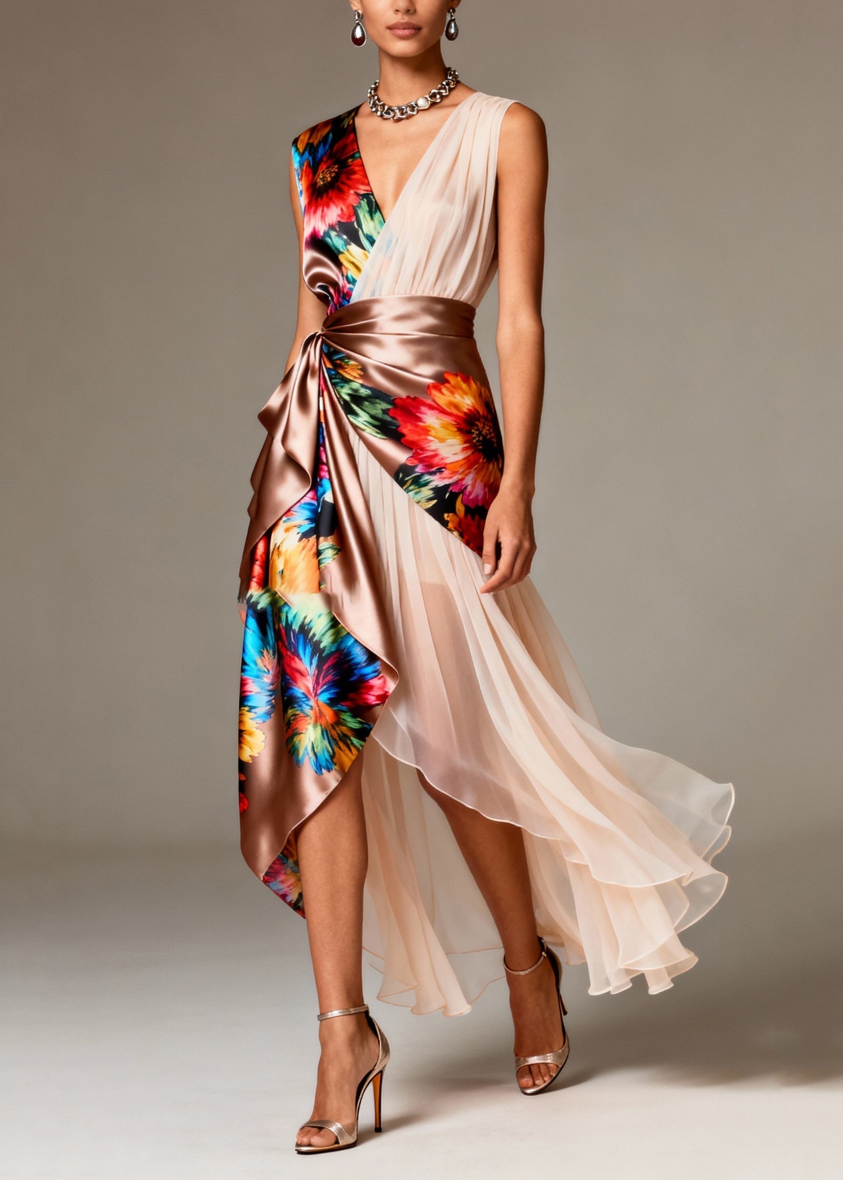 Floral Print Deep V-Neck Sleeveless Pleated Panel Wrap Waist High Low Party Dress