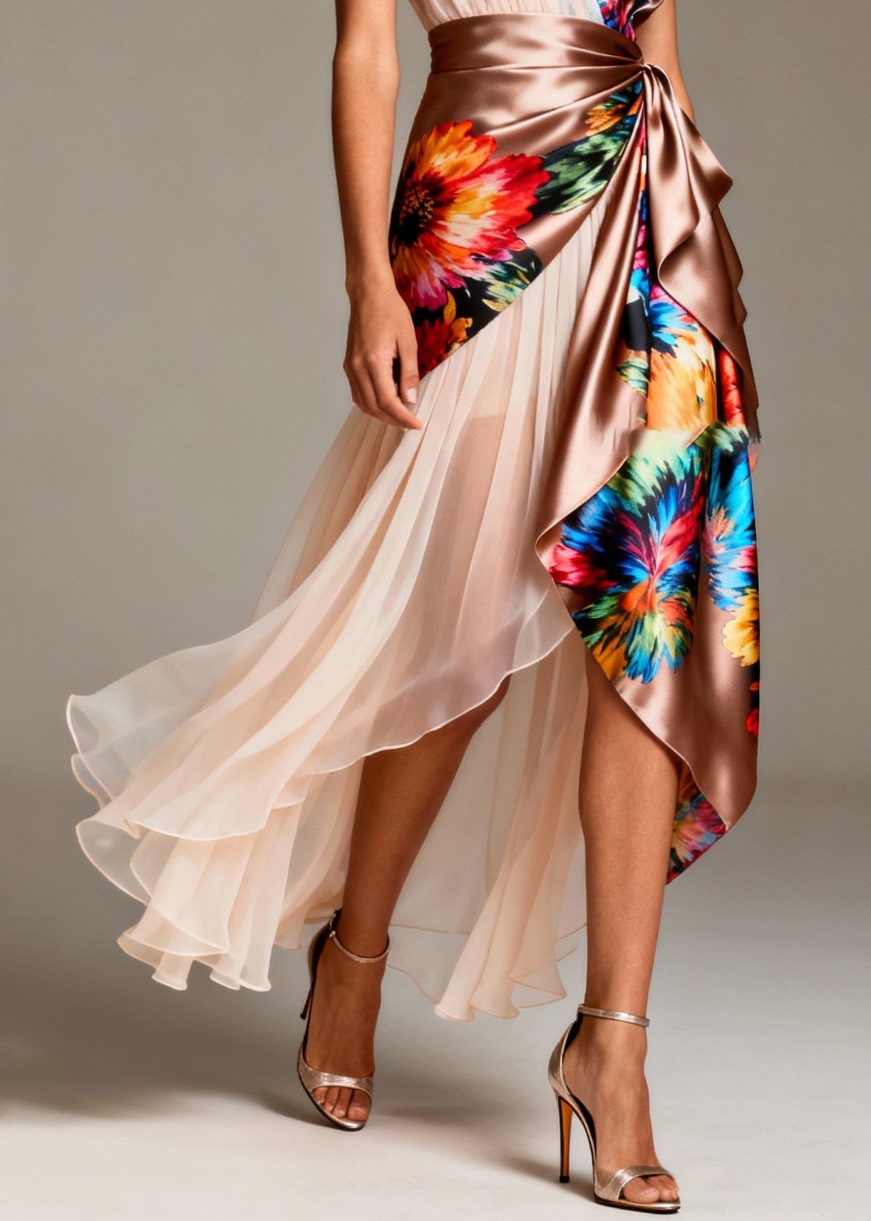 Floral Print Deep V-Neck Sleeveless Pleated Panel Wrap Waist High Low Party Dress