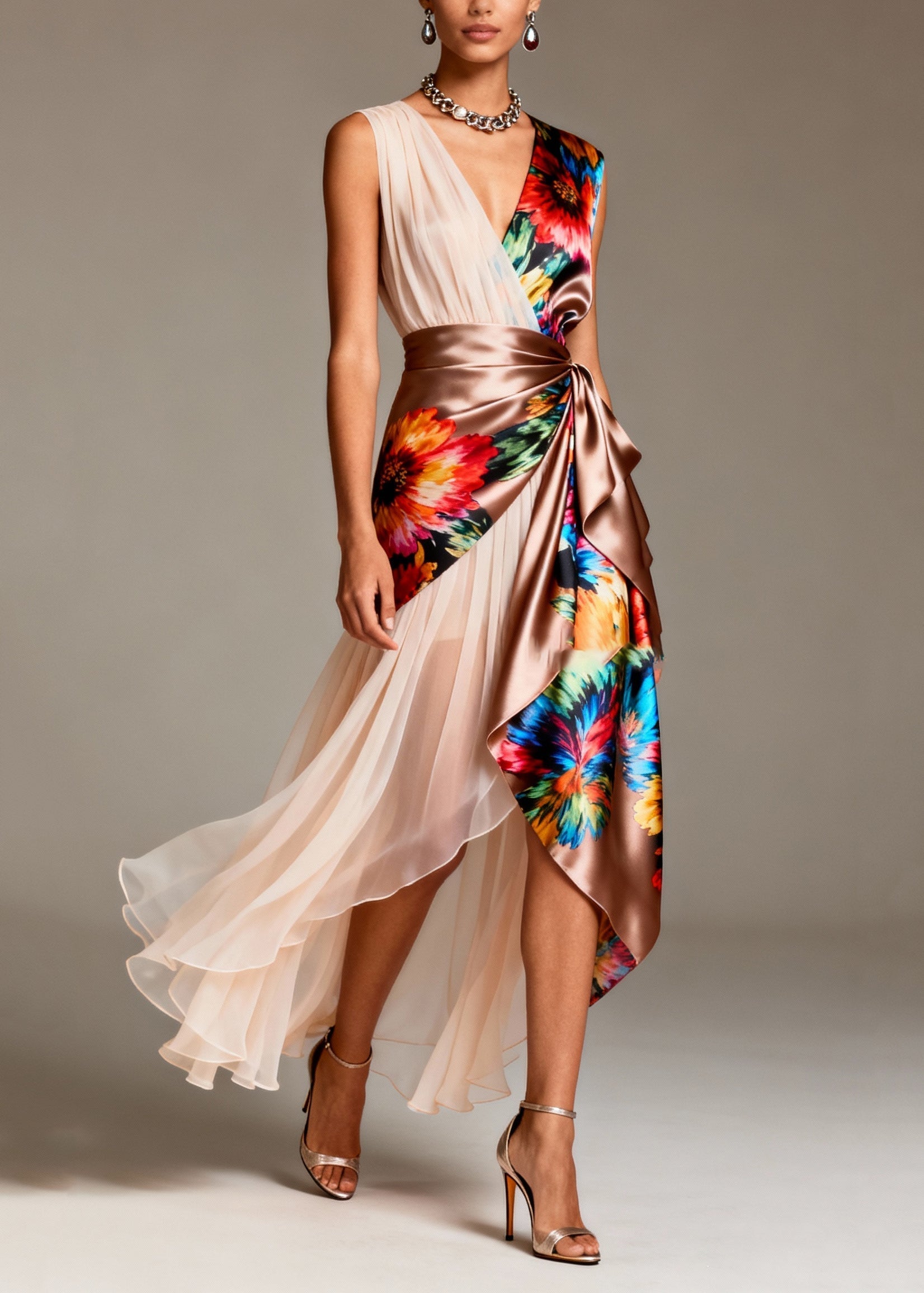 Floral Print Deep V-Neck Sleeveless Pleated Panel Wrap Waist High Low Party Dress
