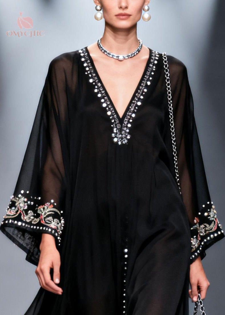 Sheer Chiffon Deep V-Neck Embroidered Bell Sleeve Beaded Button Front Kaftan Maxi Gown