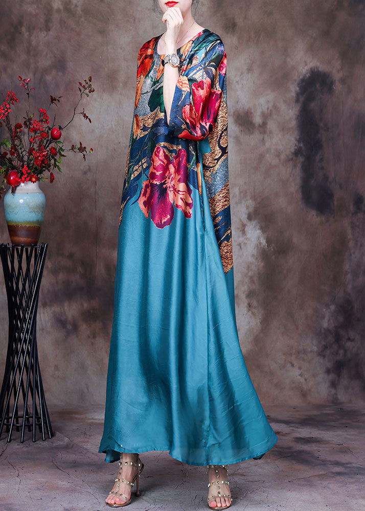 Floral Abstract Print Round Neck Long Sleeve Loose Chiffon Maxi Dress