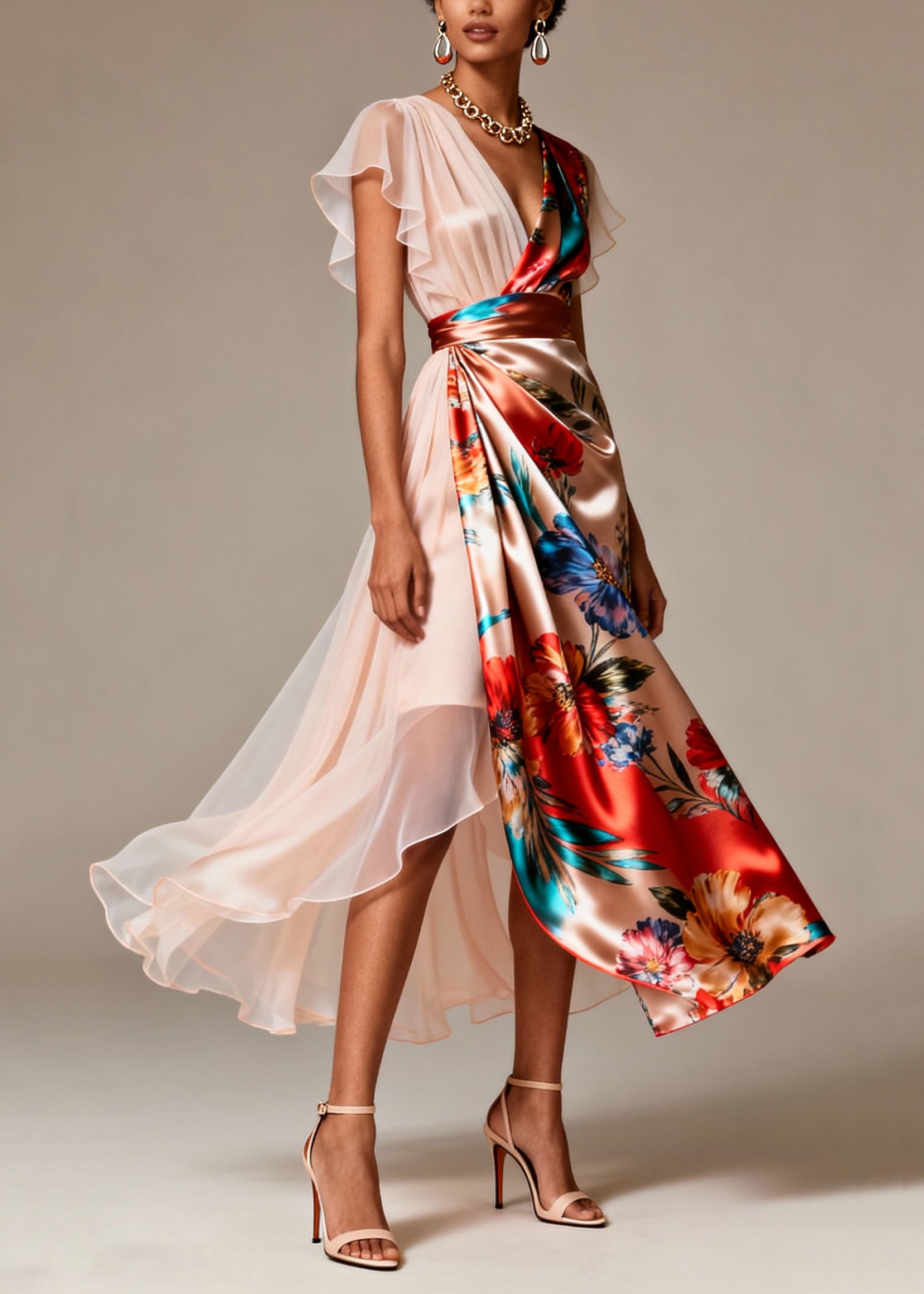 Satin Chiffon Floral Print Deep V-Neck Flutter Sleeve Asymmetrical Midi Dress