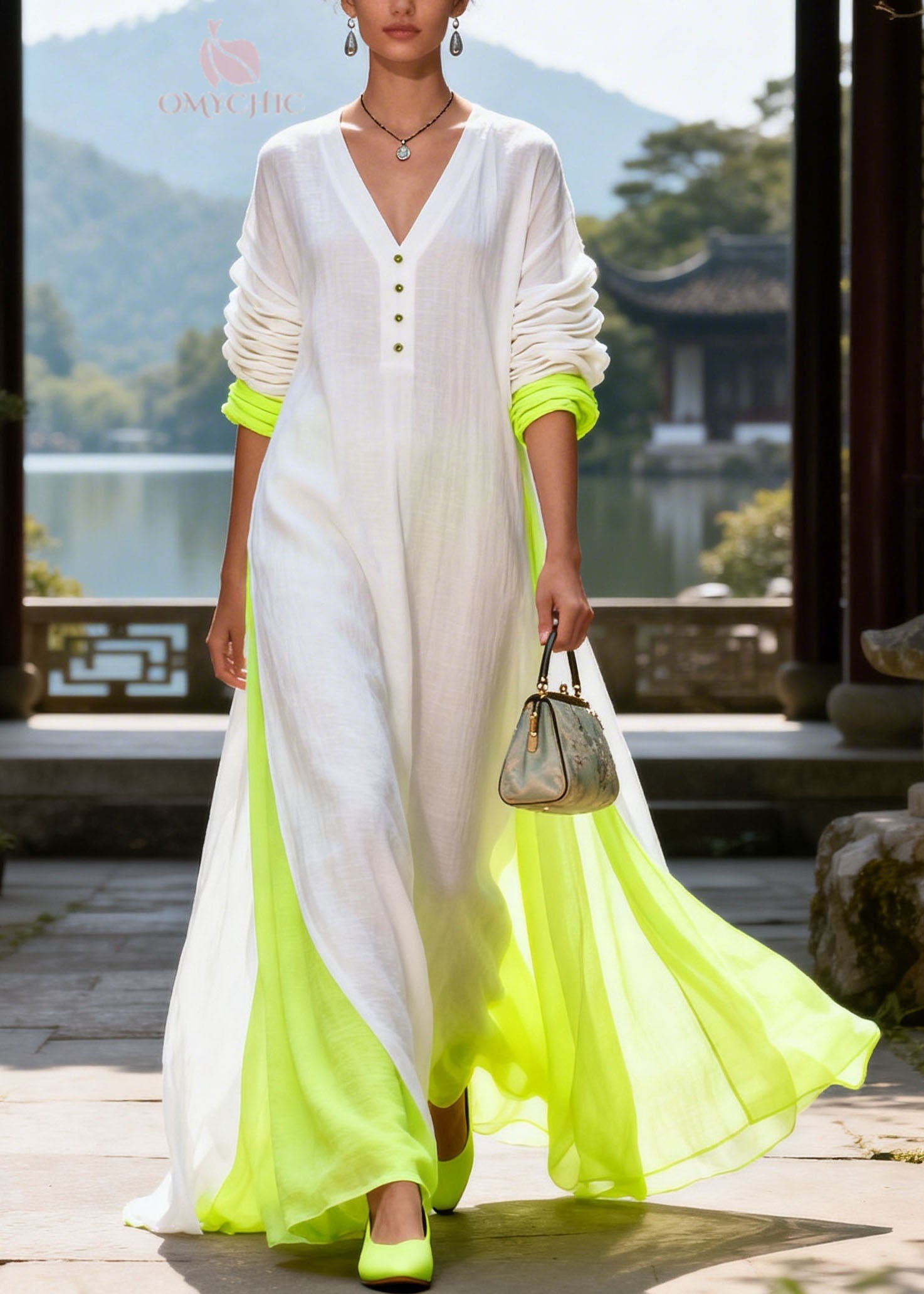 Bohemian Colorblock V Neck Patchwork Cotton Long Dress Summer