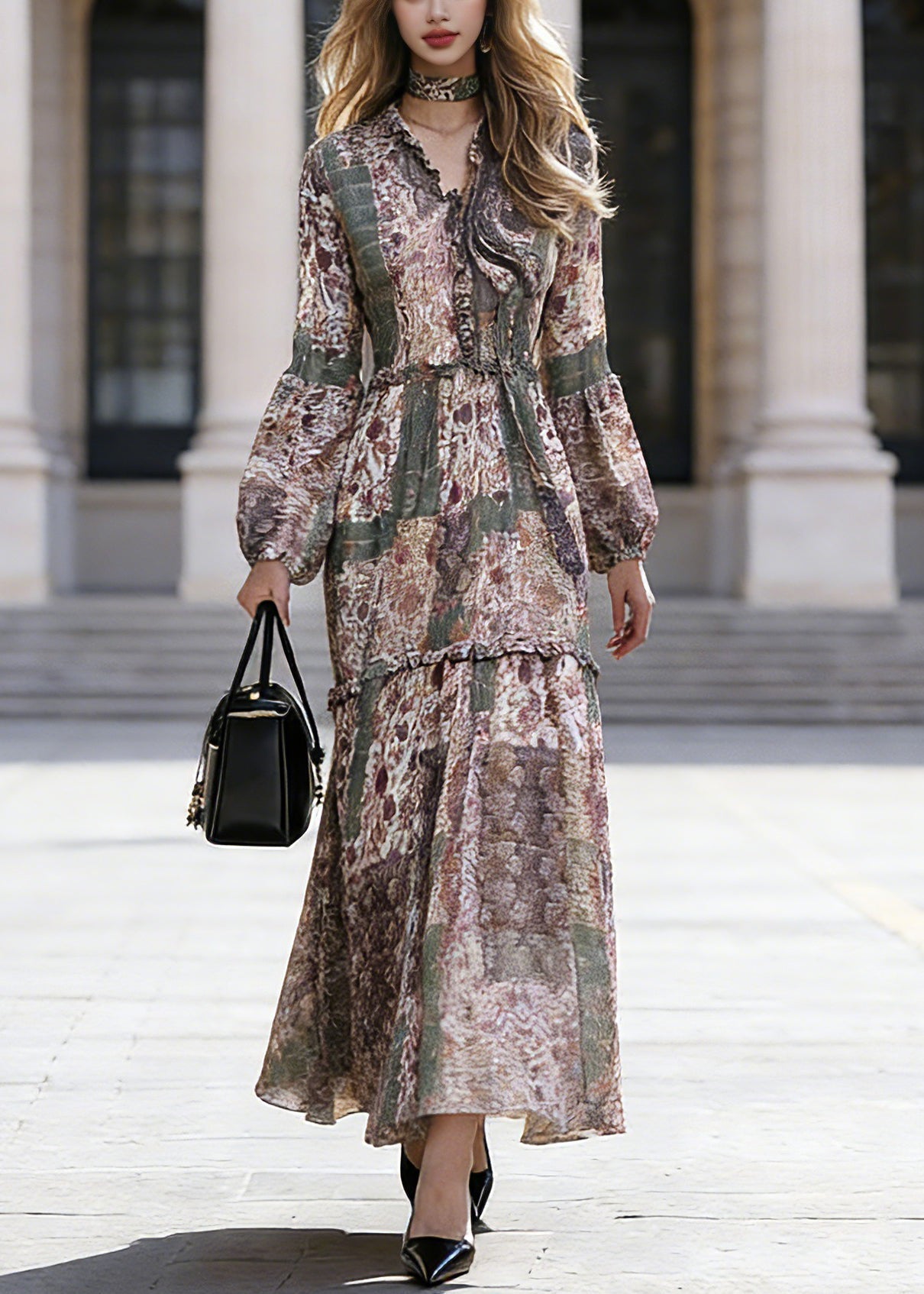 Bohemian Green Ruffled Patchwork Chiffon Vacation Maxi Dresses Spring