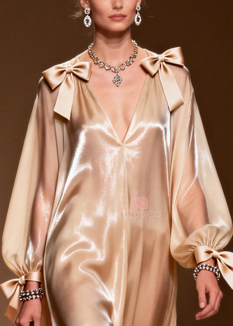 Satin Deep V-Neck Shoulder Bow Bishop Sleeve Maxi Gown