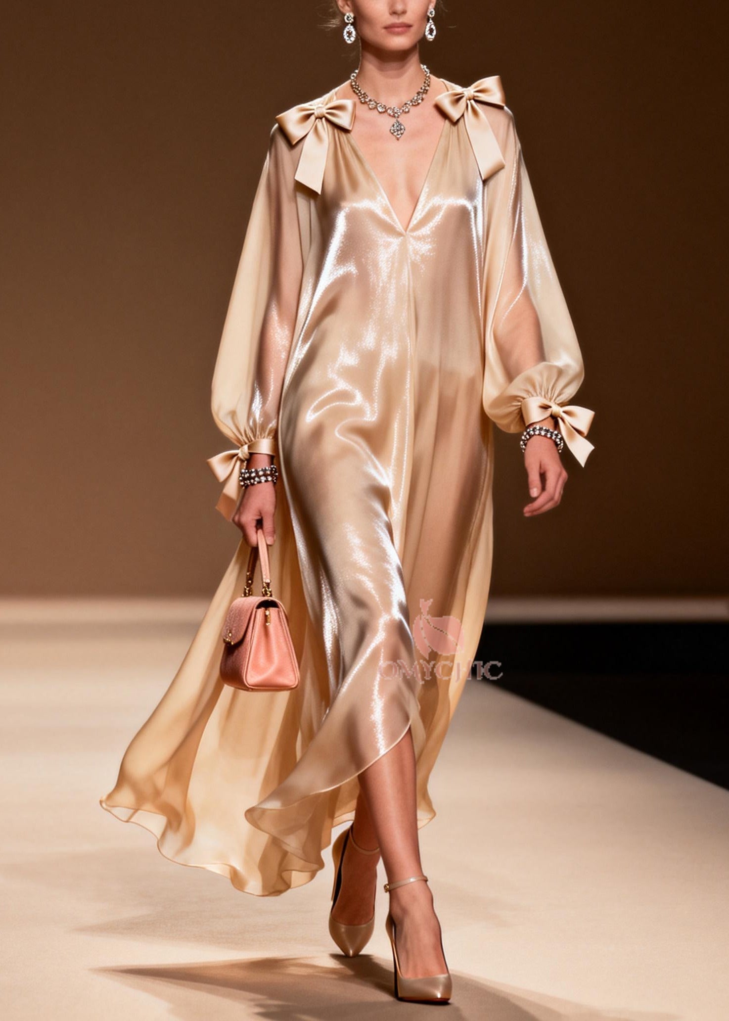 Satin Deep V-Neck Shoulder Bow Bishop Sleeve Maxi Gown