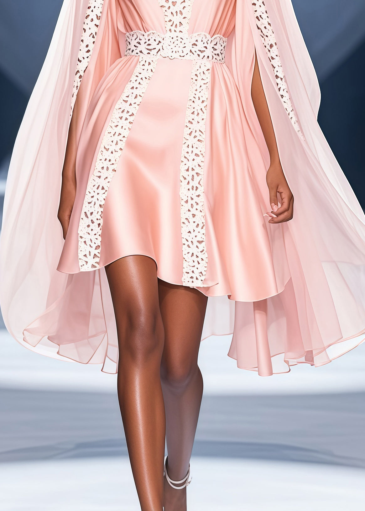 Deep V-Neck Satin Lace Trim High Low Cape Overlay Mini Dress