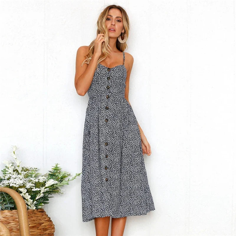 Bohemian Floral Suspender Small Vneck Tie Midi Dresses
