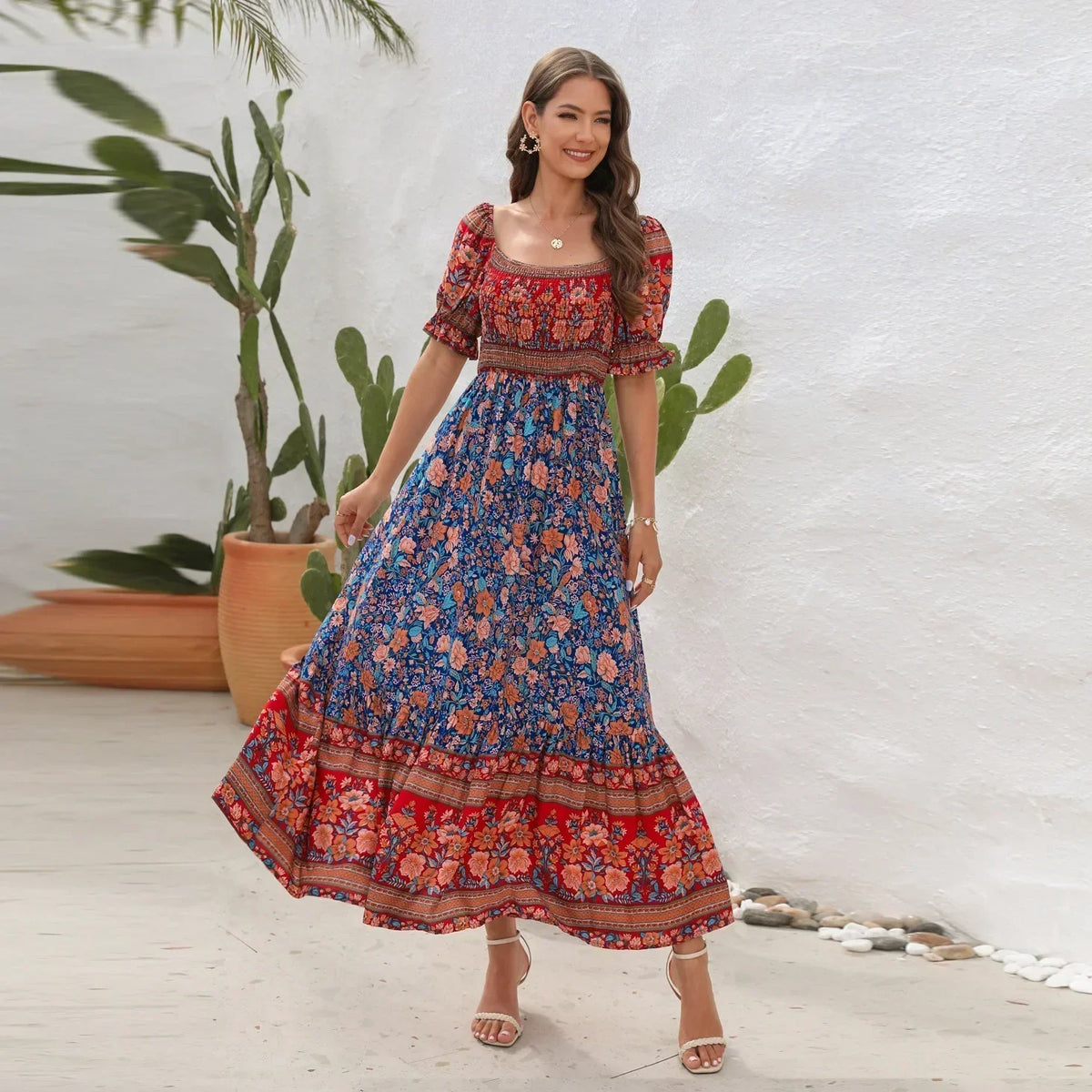 Boho Floral Off Shoulder Short Sleeve Smocked Tiered Maxi Dress 2