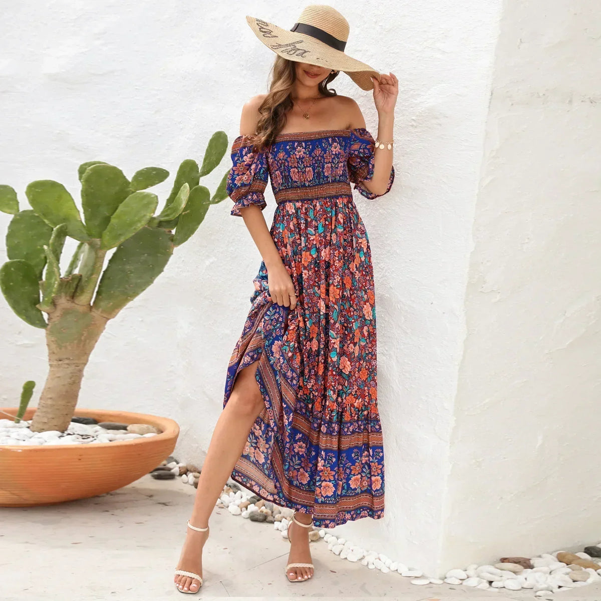 Boho Floral Off Shoulder Short Sleeve Smocked Tiered Maxi Dress 6