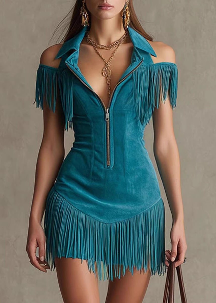 Boho Blue Cold Shoulder Tassel Patchwork Faux Suede Dress Summer