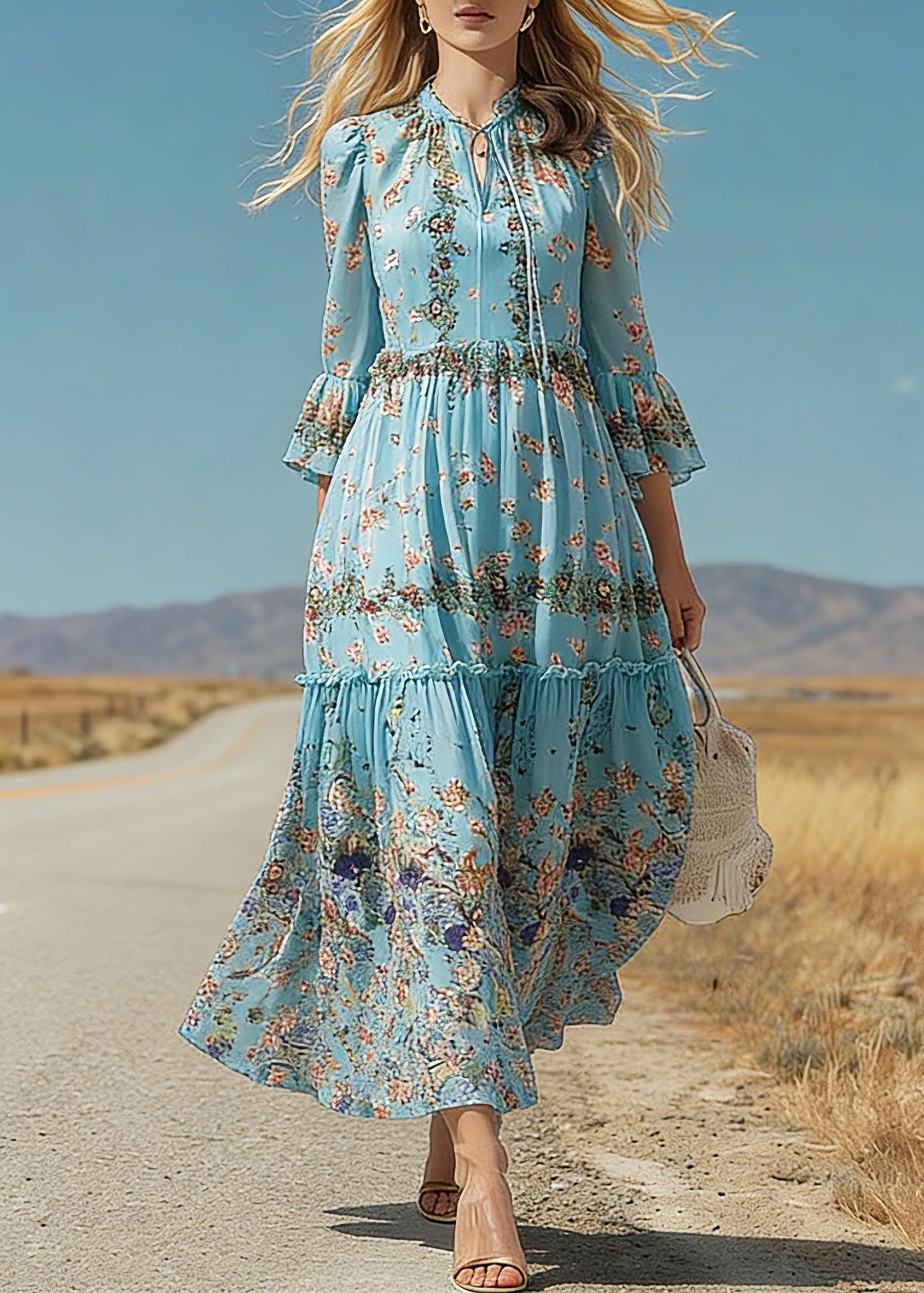Boho Blue Ruffled Patchwork Print Silk Maxi Dress Flare Sleeve