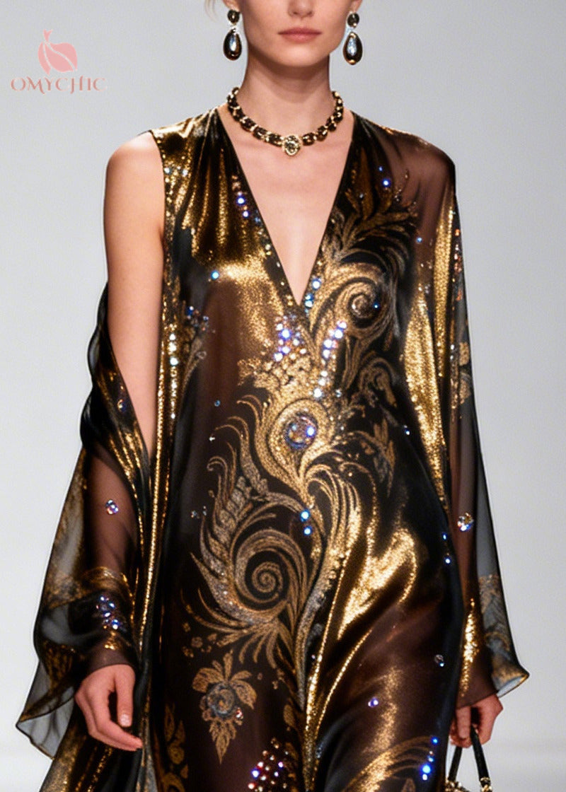 Mesh Baroque Paisley Sequin Deep V-Neck Sleeveless Gown Sheer Bell Sleeve Robe Two Piece Set