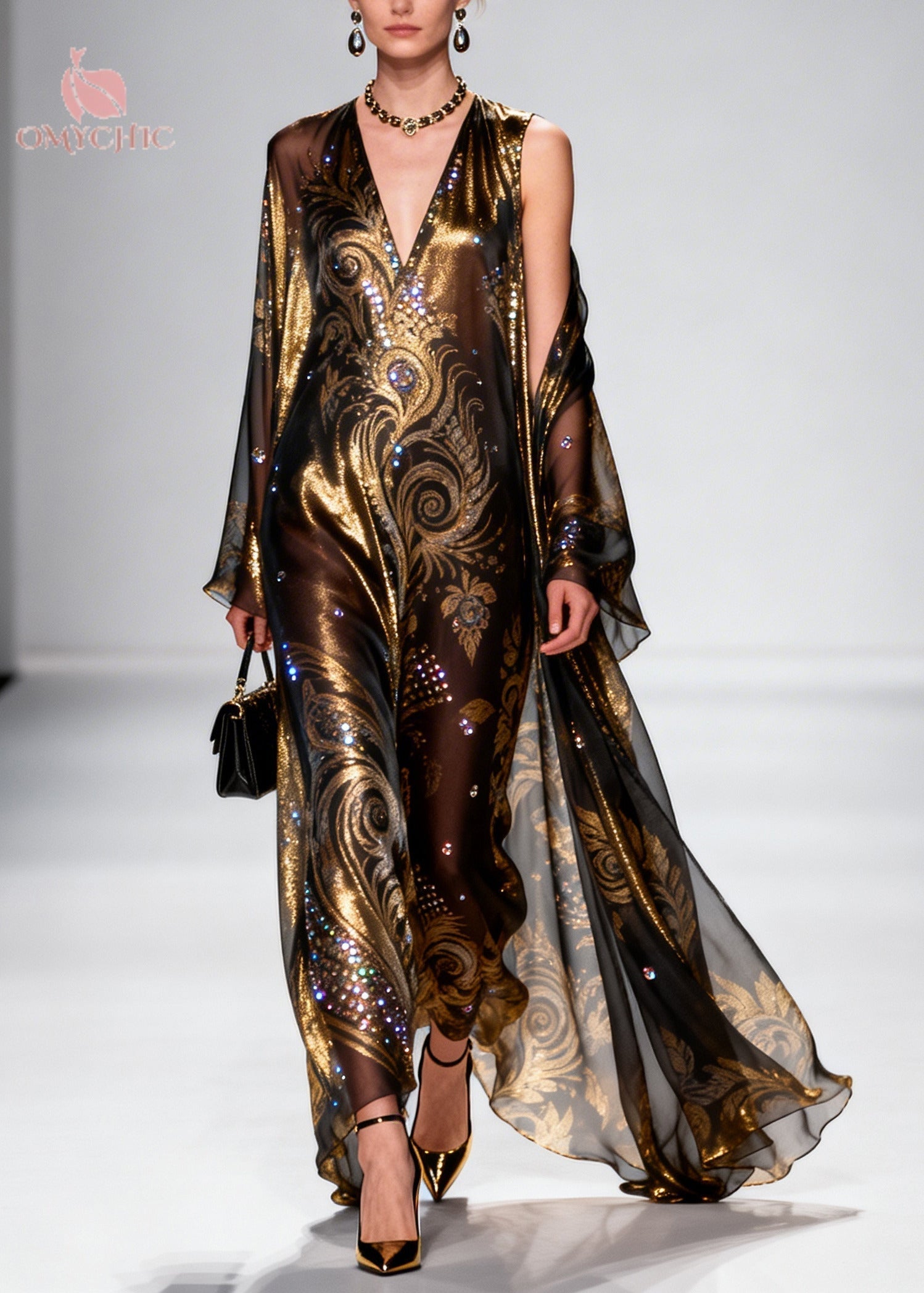 Mesh Baroque Paisley Sequin Deep V-Neck Sleeveless Gown Sheer Bell Sleeve Robe Two Piece Set