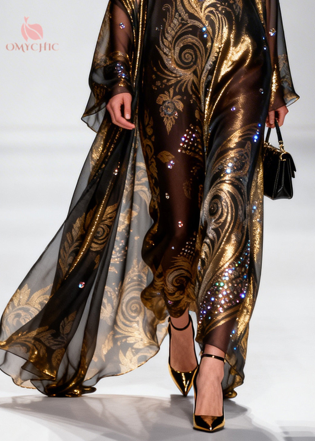 Mesh Baroque Paisley Sequin Deep V-Neck Sleeveless Gown Sheer Bell Sleeve Robe Two Piece Set