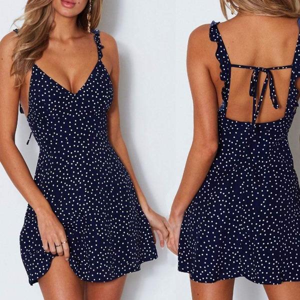Polka Dot V-Neck Ruffle Strap Backless Mini Dress