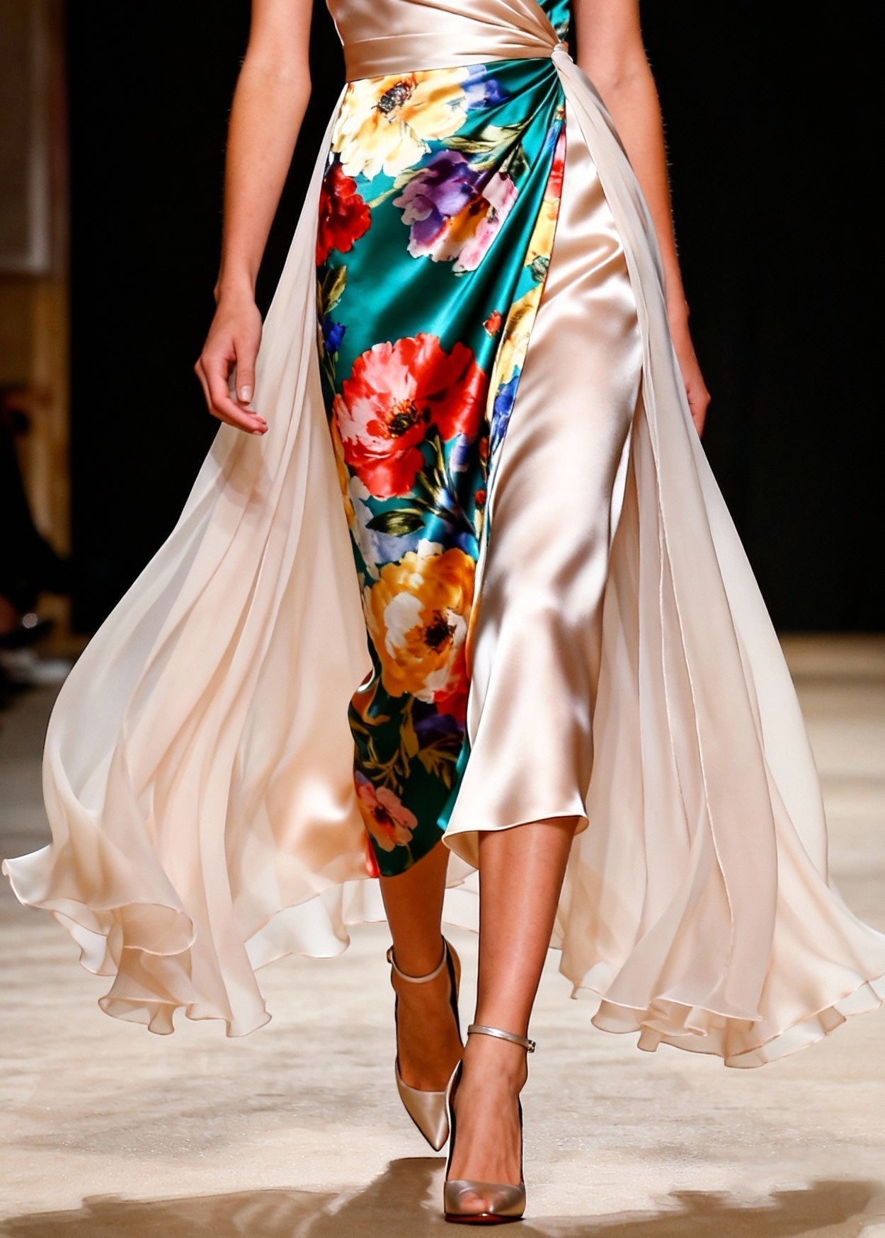 Floral Print Sleeveless Wrap V-Neck Overskirt Cape Column A-Line Maxi Gown