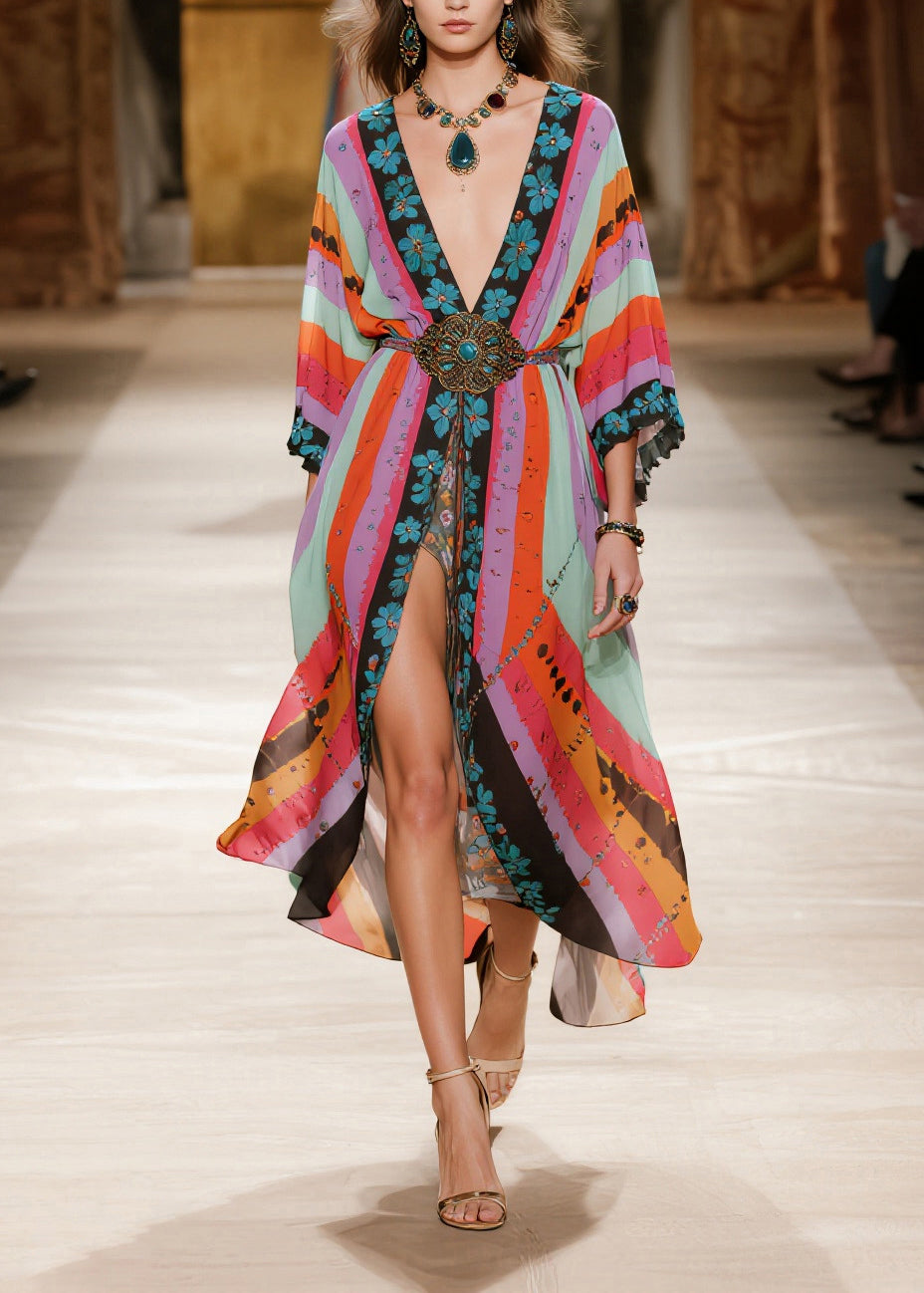 Floral Stripe Deep V-Neck Kimono Sleeve High Split Chiffon Maxi Party Dress