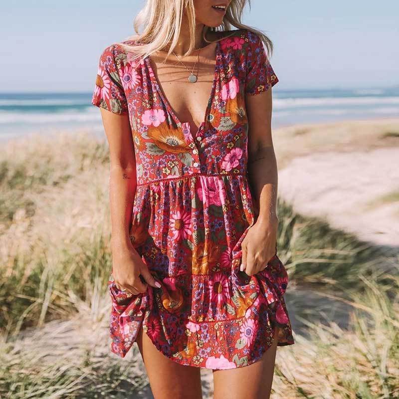 Floral V-Neck Short Sleeve Button Front Tiered Mini Dress