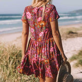 Floral V-Neck Short Sleeve Button Front Tiered Mini Dress 2