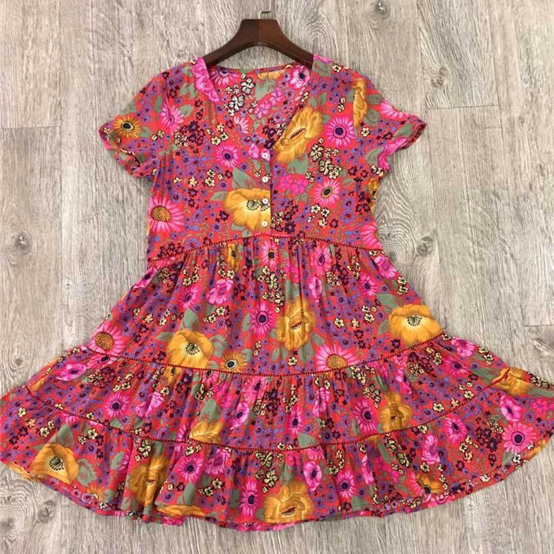 Floral V-Neck Short Sleeve Button Front Tiered Mini Dress 3
