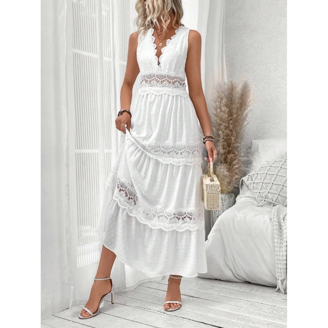 Swiss Dot Deep V-Neck Sleeveless Lace Trim Tiered Maxi Dress