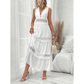 Swiss Dot Deep V-Neck Sleeveless Lace Trim Tiered Maxi Dress