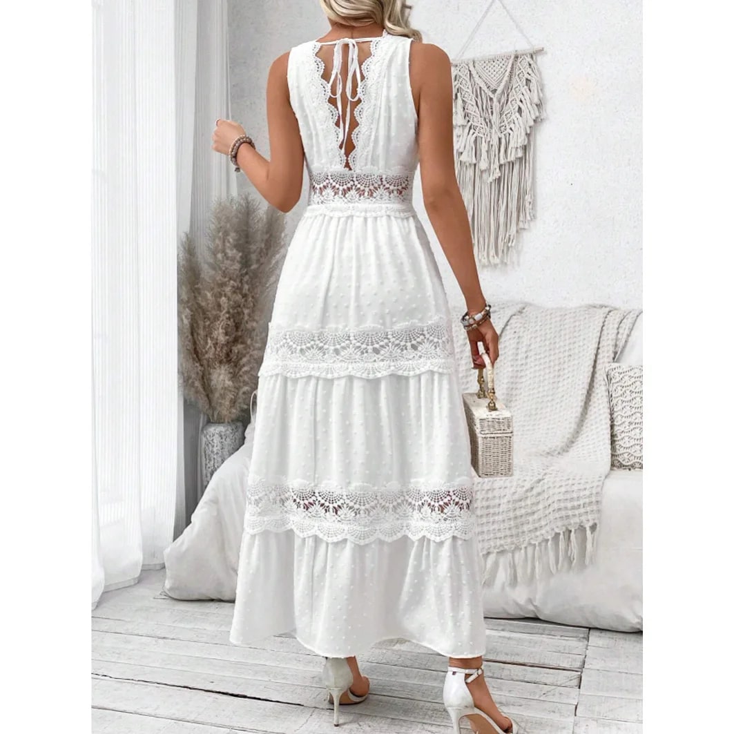 Swiss Dot Deep V-Neck Sleeveless Lace Trim Tiered Maxi Dress 2