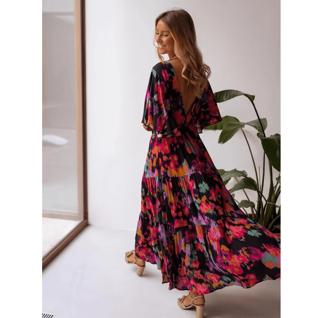 Floral Deep V-Neck Batwing Sleeve Tiered Maxi Dress 2