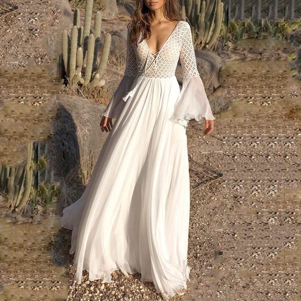 Deep V-Neck Bell Sleeve Crochet Lace Chiffon Maxi Dress
