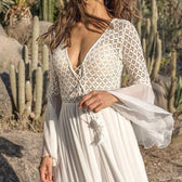 Deep V-Neck Bell Sleeve Crochet Lace Chiffon Maxi Dress 2