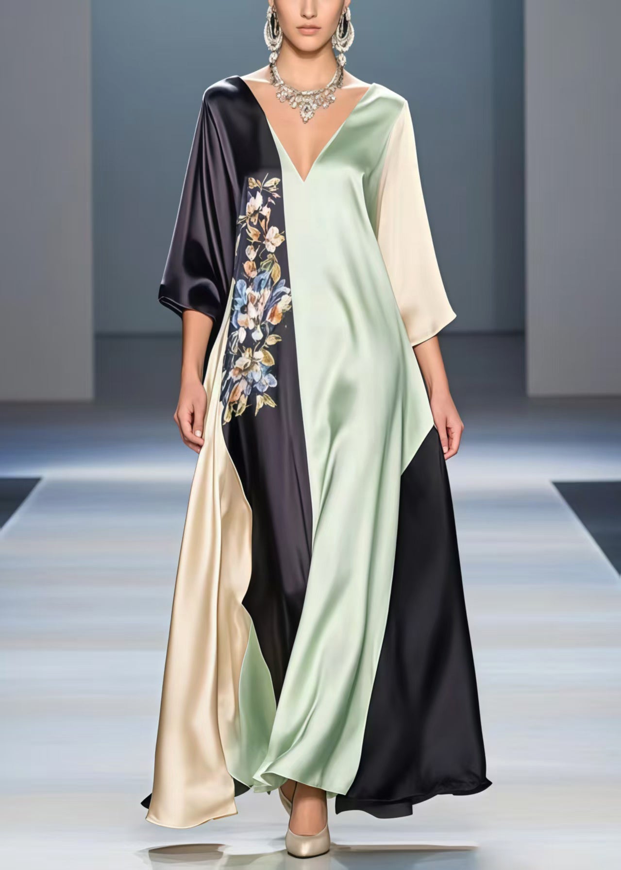 Deep V-Neck Kimono Sleeve Floral Embroidery Color Block Kaftan Maxi Gown