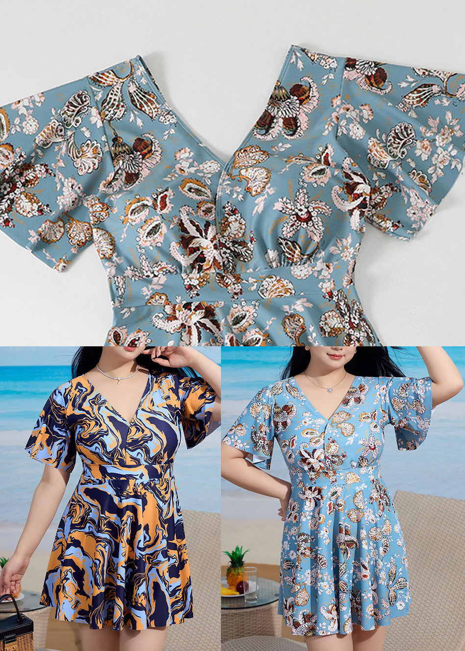 Boho Navy V Neck Print Swimwear Dress And Panties Sets