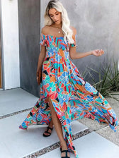 Floral Off Shoulder Smocked High Split Maxi Dress