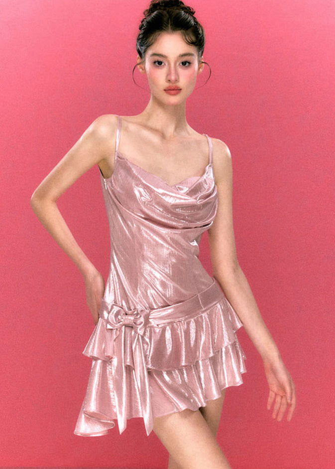 Boho Pink Asymmetrical Ruffled Mini Dress Summer