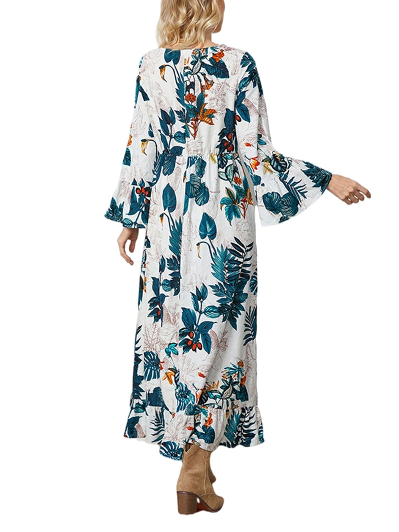 Boho Plants Printing High Waist Flare Sleeve Midi Dress