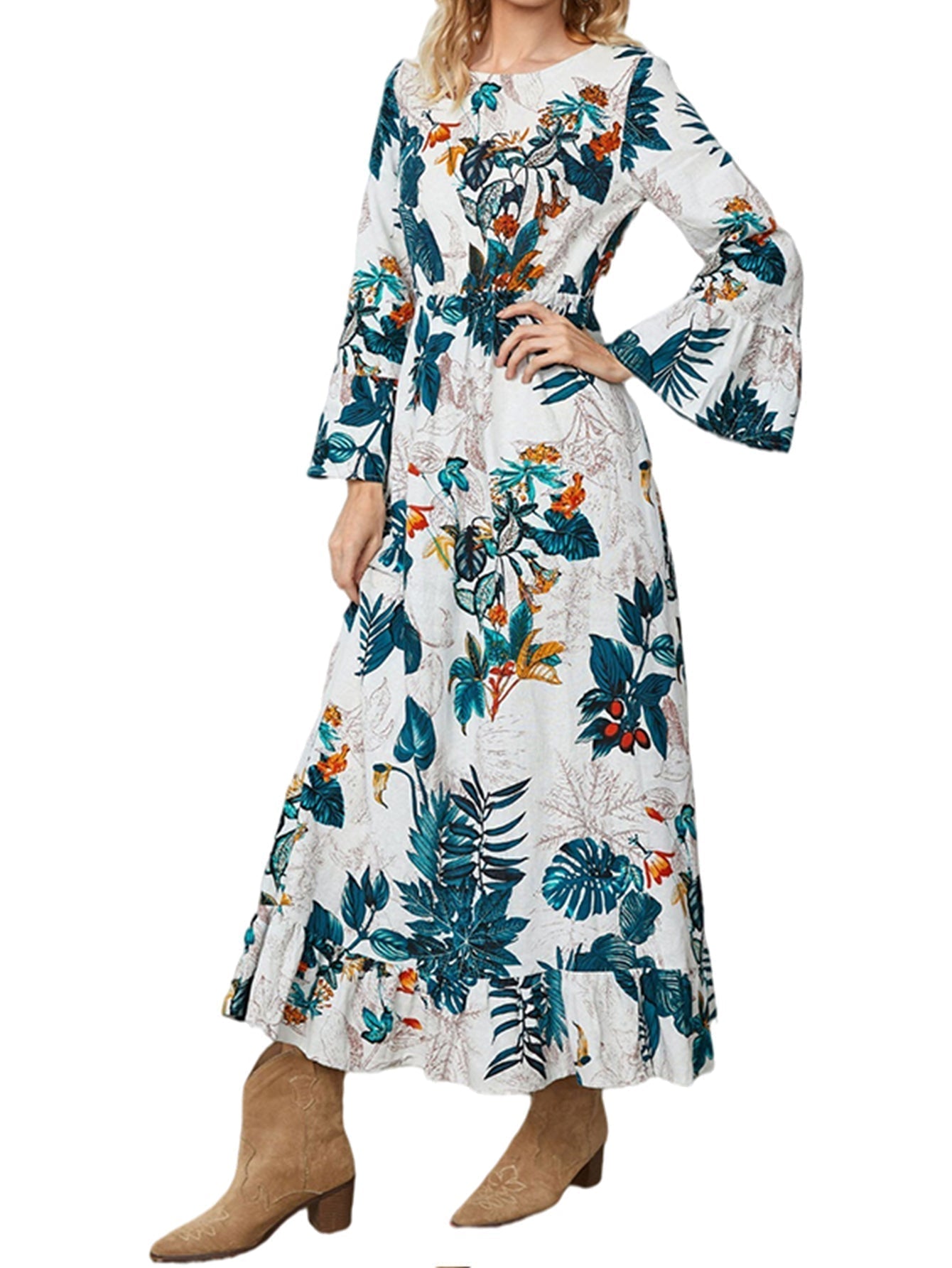 Boho Plants Printing High Waist Flare Sleeve Midi Dress