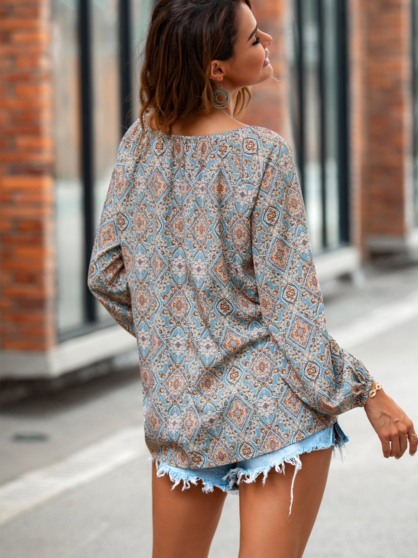 Boho Print Lantern Sleeve Drawstring Tee Sweatshirt