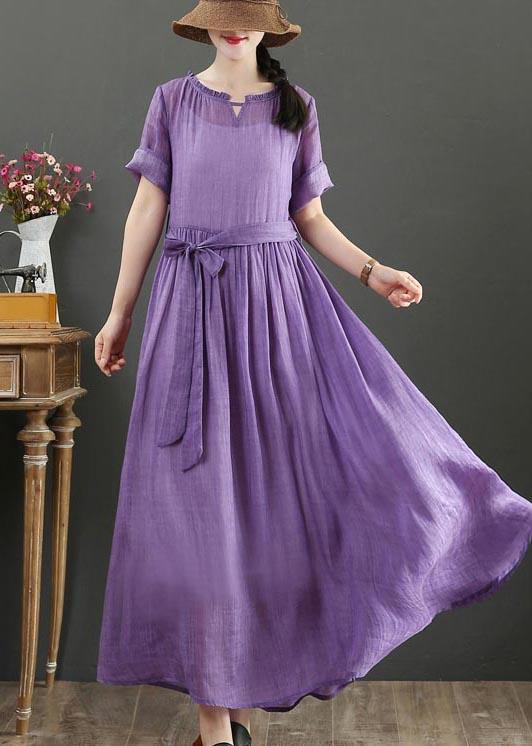 Boho Purple Ruffled Maxi Summer Linen Dress