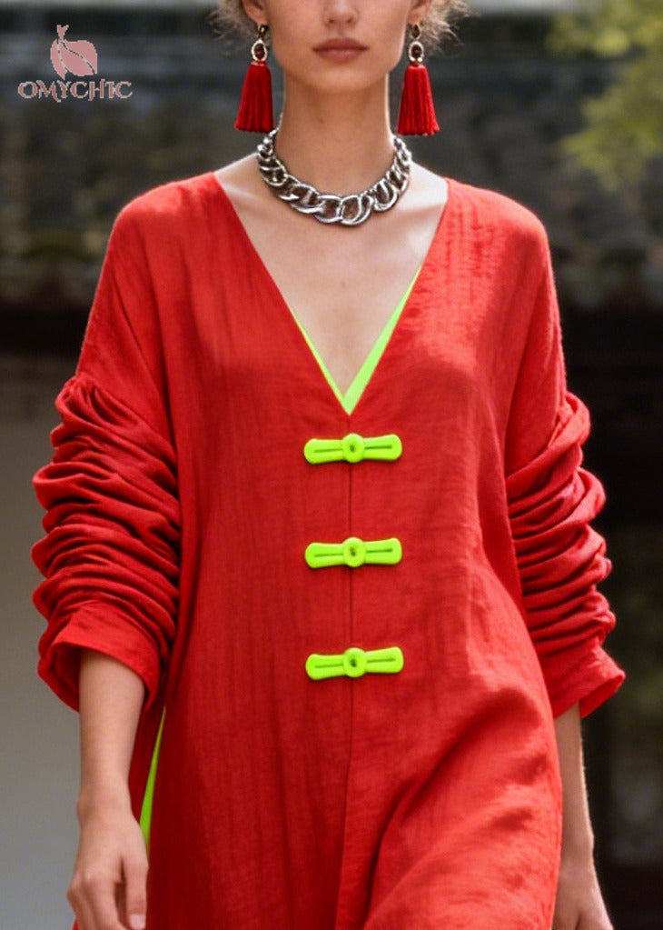 Boho Red Oversized Patchwork Chinese Button Cotton Dress Long Sleeve