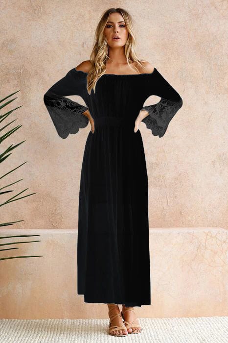 Off Shoulder Lace Bell Sleeve Tiered Maxi Dress 2