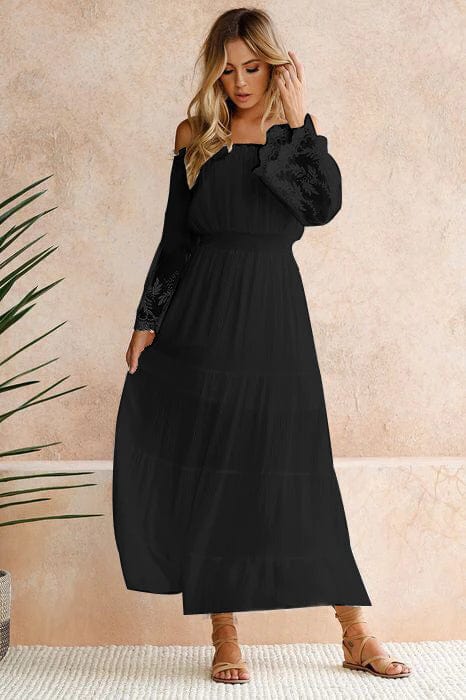 Off Shoulder Lace Bell Sleeve Tiered Maxi Dress 3