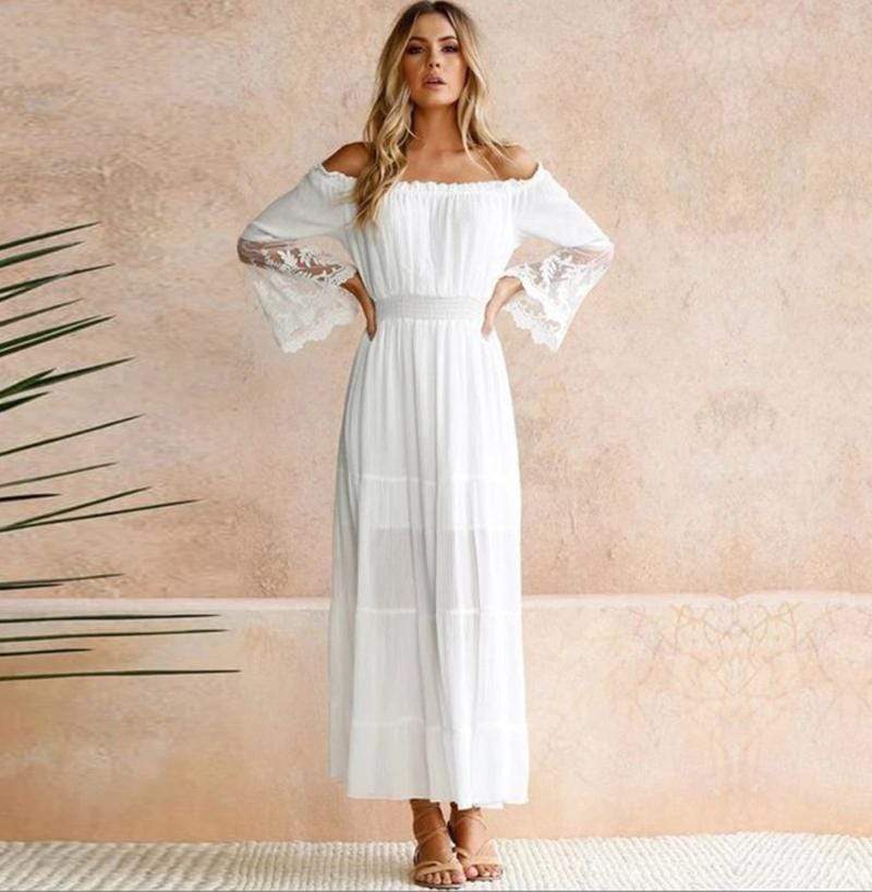Off Shoulder Lace Bell Sleeve Tiered Maxi Dress 5