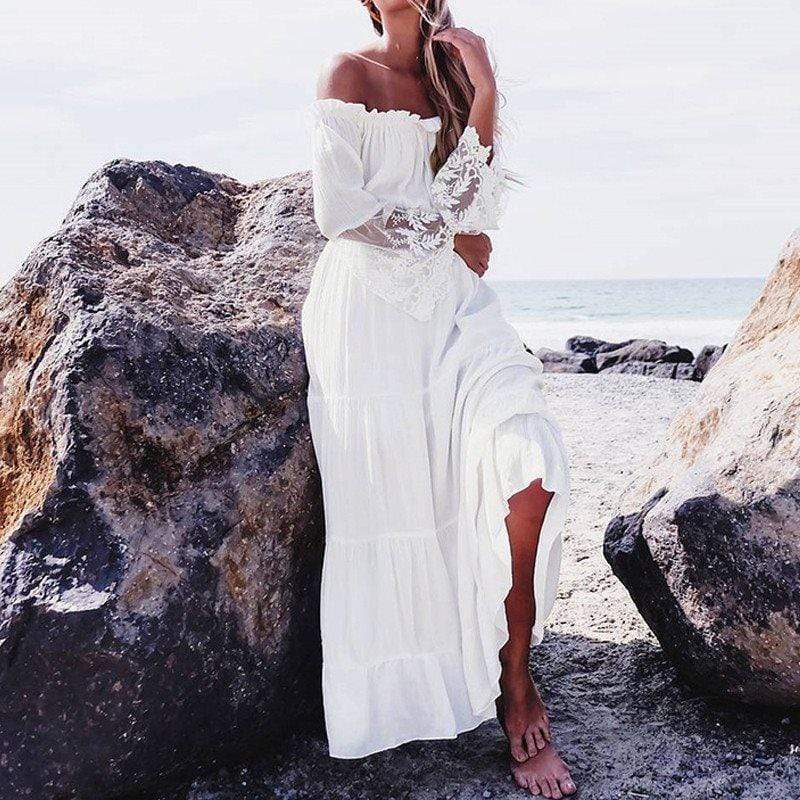 Off Shoulder Lace Bell Sleeve Tiered Maxi Dress 7