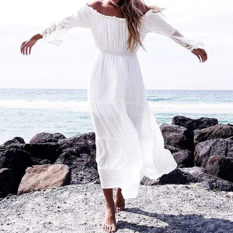 Off Shoulder Lace Bell Sleeve Tiered Maxi Dress 8